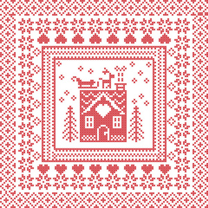 斯堪的纳维亚北欧冬季针，编织图案在广场上，包括雪花 树木 姜饼的瓷砖形状的房子，心，驯鹿，圣诞老人雪橇，红色背景上的装饰元素
