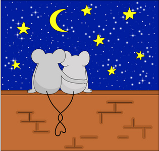 浪漫的情侣的老鼠坐在墙上，看着星星