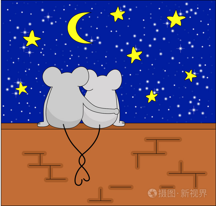 浪漫的情侣的老鼠坐在墙上,看着星星