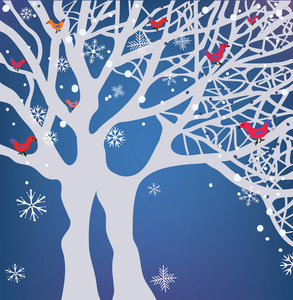 鸟和树，大雪的冬天圣诞节背景