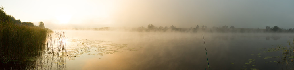 河上的日出薄雾画在深褐色