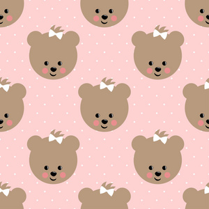 快乐的泰迪熊无缝模式上粉色圆点背景
