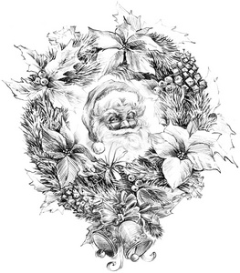 圣诞老人肖像素描。草绘的圣诞老人背景圣诞铃铛 圣诞花环 圣诞树 圣诞花 新年背景的槲寄生装饰素描