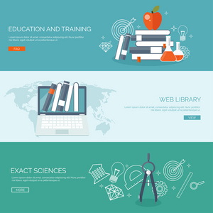 矢量图。平平的背景设置。远程教育 学习。在线课程和 web 学校。知识 信息。研究过程。电子学习