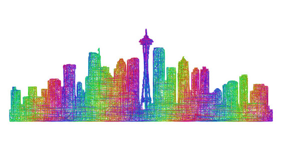 西雅图的天际线轮廓多色线条艺术