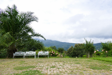 白色金属长凳在庭院与山景