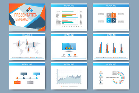 多用途的演示文稿幻灯片的矢量模板集。现代商业设计图形和图表