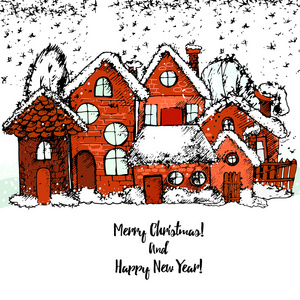 圣诞快乐，新年快乐，手工绘制的冬天镇