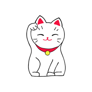 招财猫。坐在手绘制幸运只白色的猫。日本文化。涂鸦画
