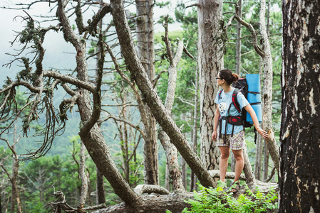 白种人的徒步旅行者女人上跋涉在山与背包生活健康积极的生活方式。对自然景观的徒步旅行者女孩