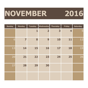 日历 2016 年 11 月，每周从星期日开始