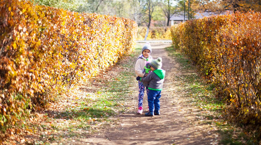 孩子们在玩秋天落叶在公园