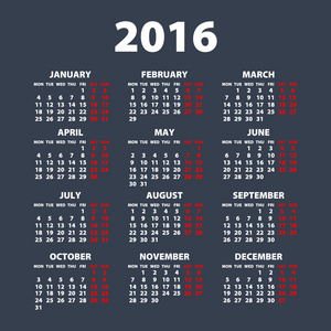 2016年日历设计日期颜色