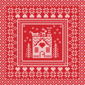 斯堪的纳维亚北欧冬季针，编织图案在广场上，包括雪花 树木 姜饼的瓷砖形状的房子，心，驯鹿，圣诞老人雪橇，红色背景上的装饰元素
