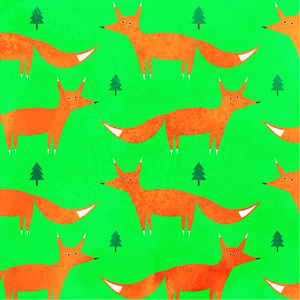 狐狸和云杉的绿色背景