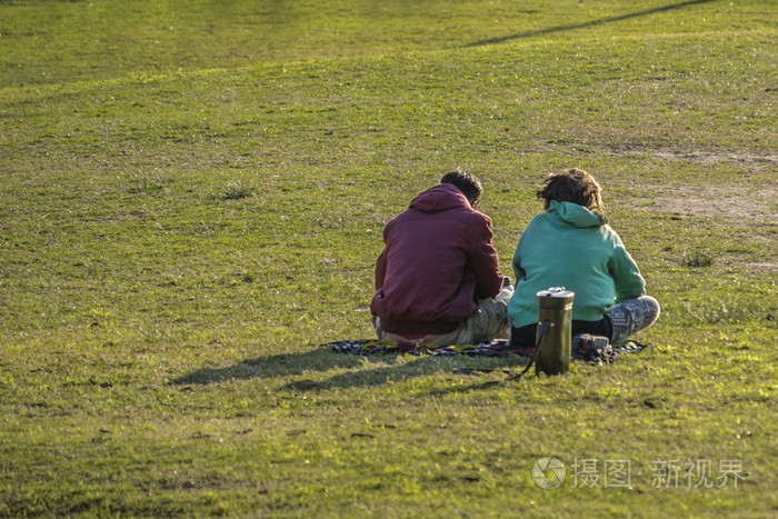 坐在公园里的年轻夫妇的背影