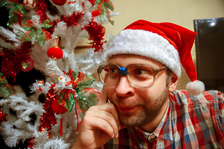 滑稽的眼镜和圣诞老人帽子圣诞附近的时髦肖像
