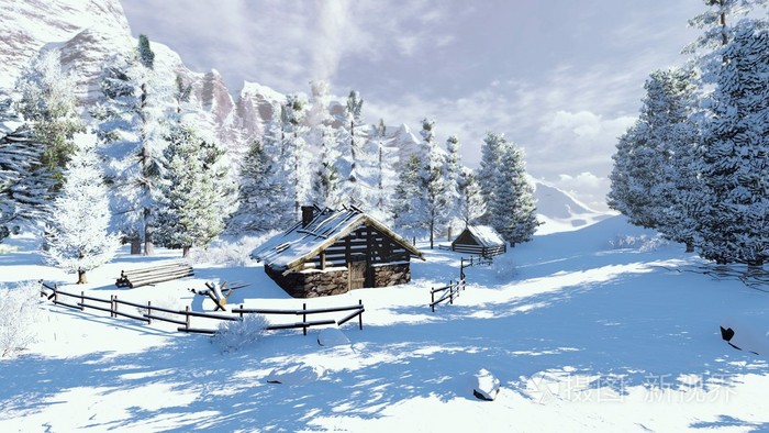 在雪山里舒适的小木屋