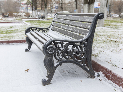2015年11月15日, 俄罗斯普什基诺。冬天的风景, 林荫大道上的一条长凳。城市里的暴风雪
