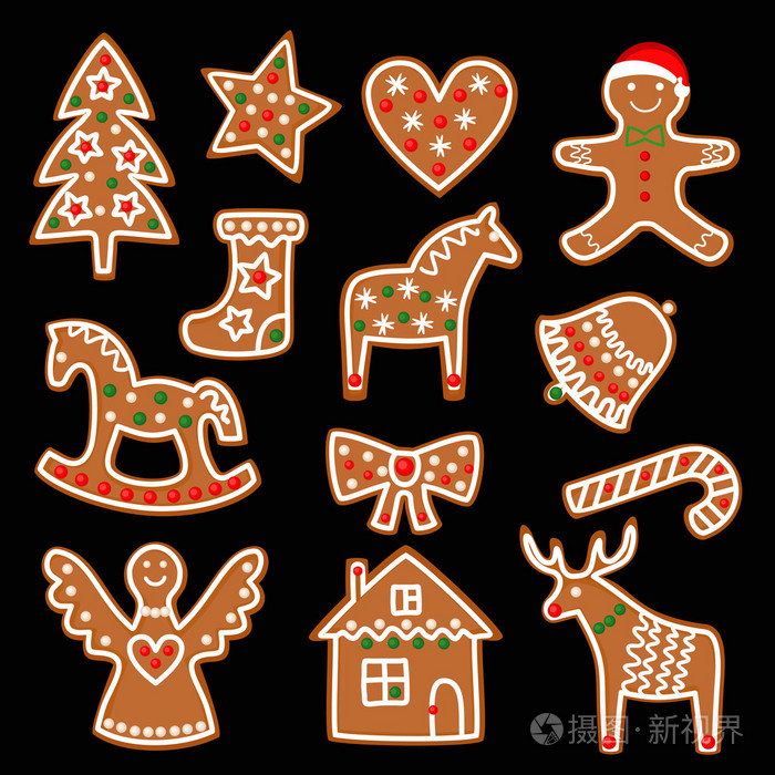 圣诞姜饼上黑色背景-孤立圣诞树, 糖果拐杖, 天使, 钟, 袜子, 姜饼人