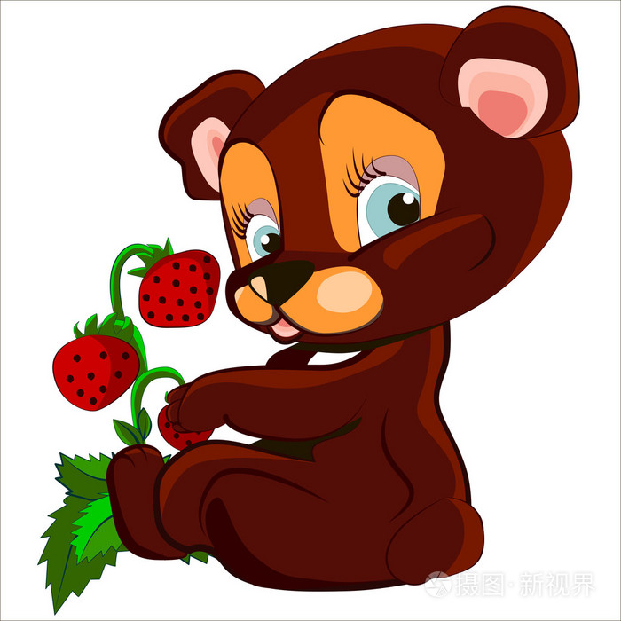 可爱的卡通和孤立的可爱熊和草莓的矢量