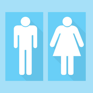男人和女人的图标，孤立，白色在蓝色背景上。专属符号