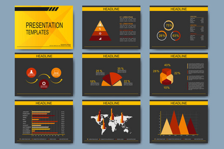 演示文稿幻灯片的矢量模板集。现代商业设计图形和图表