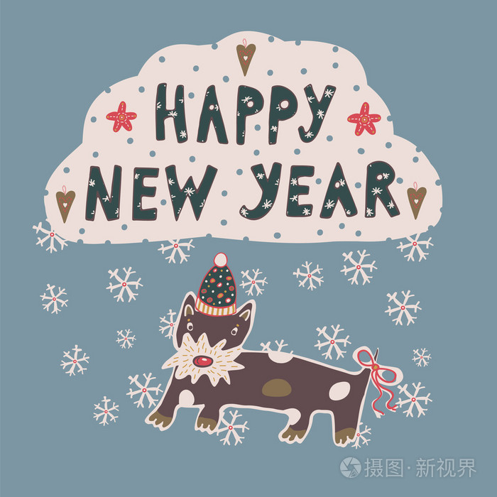 快乐的新年涂鸦绘图动物卡