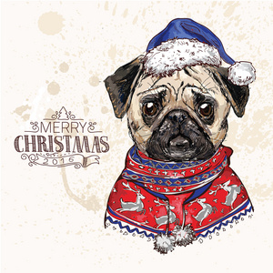 手绘的哈巴狗与圣诞节矢量图片