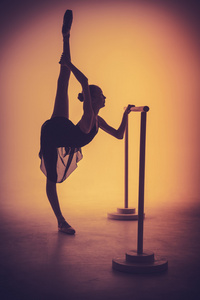 栏上伸展，年轻女芭蕾舞演员