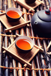亚洲茶具竹背景