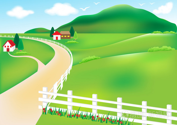 农村和房子的白色栅栏