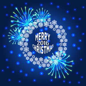 快乐圣诞 2016年庆祝概念上美丽的烟花，在夜里。闪亮的圣诞节背景。矢量图
