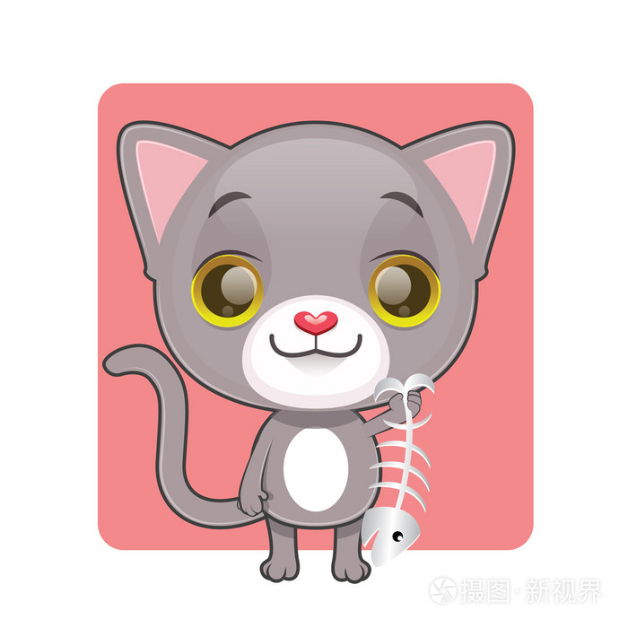 可爱的灰色猫咪,举起一根鱼骨头