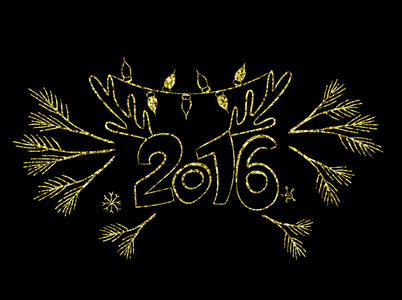 新年快乐，2016年 矢量图形金色火花设计。 小腿