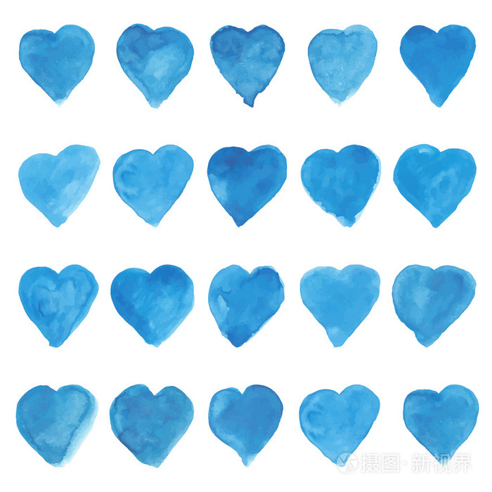 组的蓝色水彩甜美爱心问候