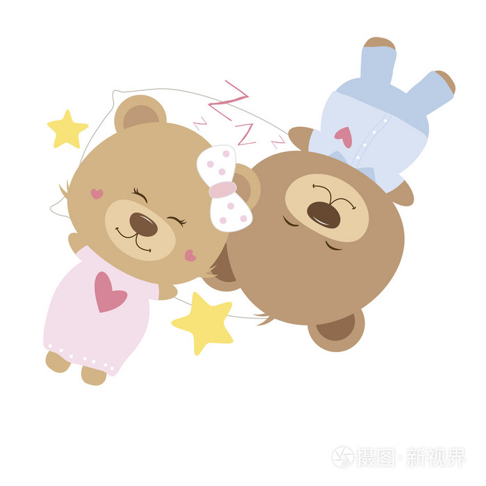 爱情侣泰迪熊娃娃睡在枕头上的概念