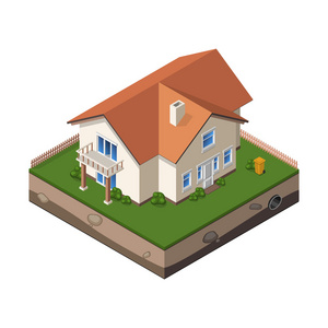 小屋，房地产说明书或 Web 图标的小木屋里。与院子，栅栏，地面。等距向量 Eps10