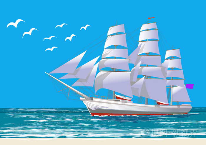 白色的帆船蓝蓝的天空和海鸥矢量图