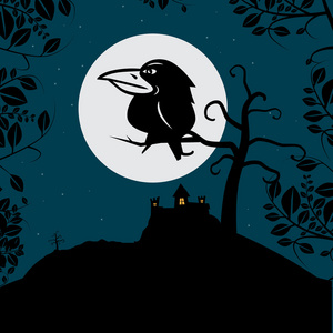 乌鸦在树树枝与满月和幽灵般的城堡晚上矢量图上