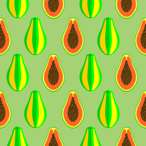 无缝矢量模式，明亮水果特写木瓜 整体与半对称背景