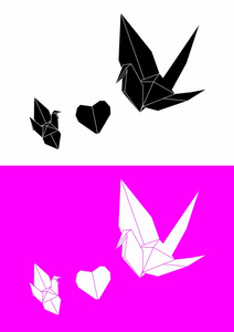 矢量纸鹤和鸟纸张间的心