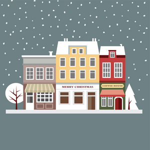 可爱的圣诞卡片，与房子，冬天下雪场景，平面设计，矢量