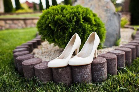 在绿色草地上婚礼鞋