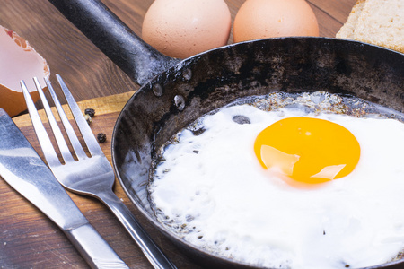 平底锅上煎鸡蛋。早餐