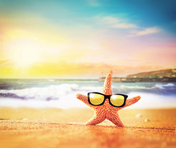 海边戴着太阳镜的海星夏日沙滩上的生活还有翻转, 椰子鸡尾酒, 太阳镜