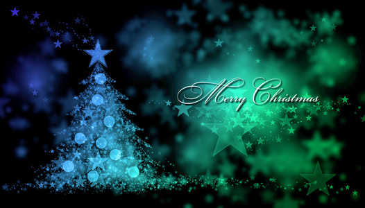 圣诞快乐。蓝色和绿色的背景与圣诞树和圣诞快乐的圣诞文本