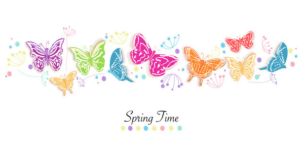 五颜六色的蝴蝶和花朵抽象装饰春天时间贺卡