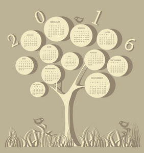 2016 年树形状日历
