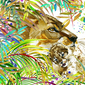 充满异国情调的热带森林,绿色叶, 野生动物, 狮子, 水彩插图.